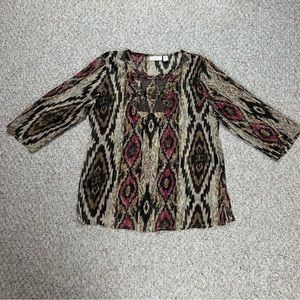 Chicos Top Womens Large 2 Brown Pink Aztec Sheer Beaded 3/4 Sleeve Blouse